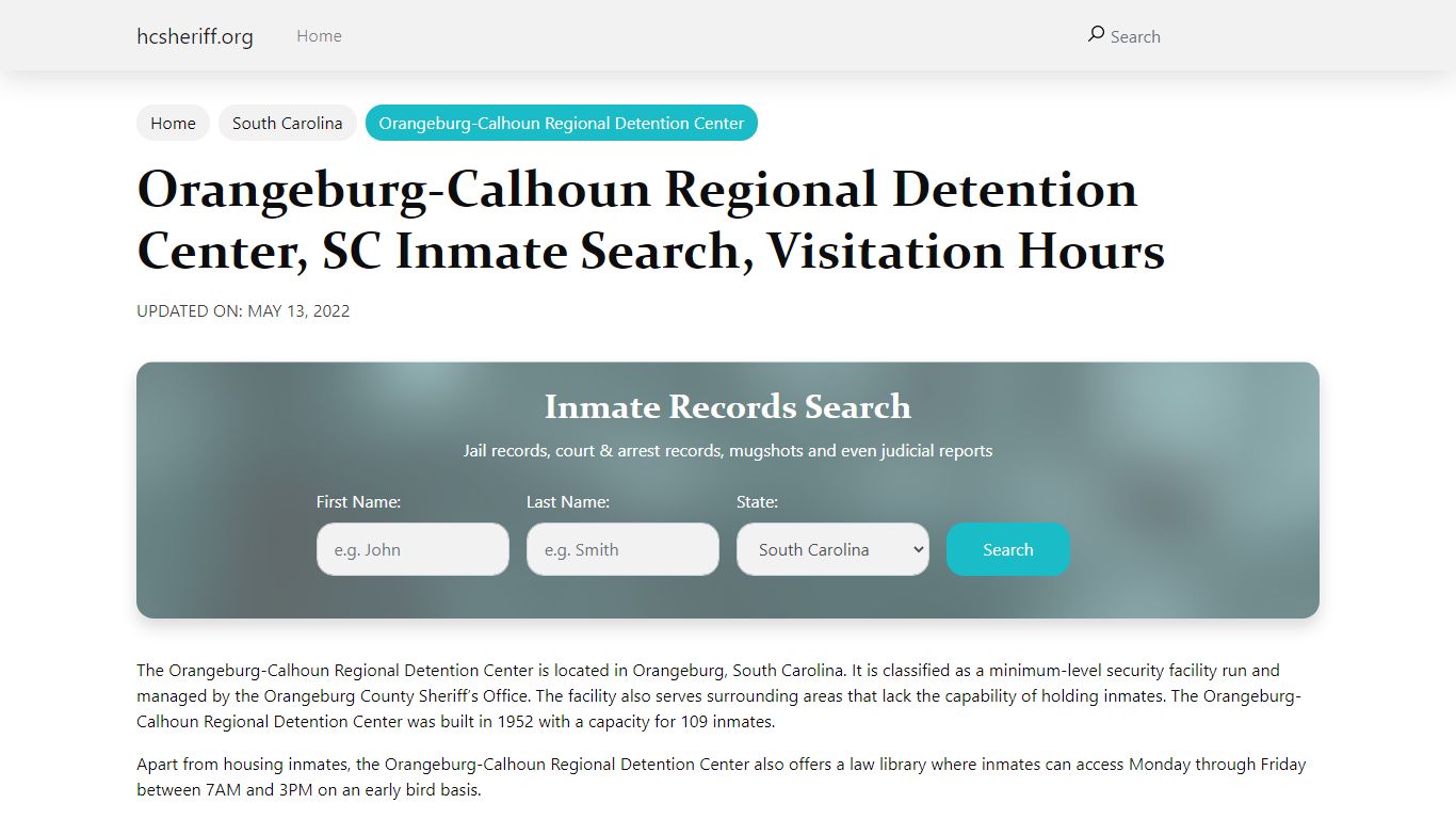 Orangeburg-Calhoun Regional Detention Center, SC Inmate Search ...